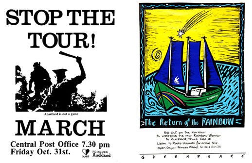 Social movement posters from 1981 and 1989. Stop The Tour Poster: Ephemera: Posters - Race - Apartheid - 1981.  Rainbow Warrior Poster: Ephemera: Posters - Nuclear Issues - 1989.