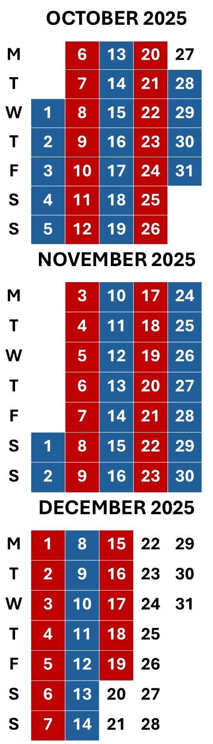 October to December 2025 mobile calendar showing red and blue week schedules